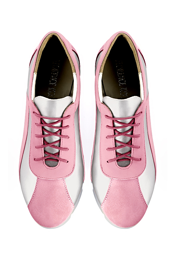 Carnation pink and light silver women's two-tone elegant sneakers. Round toe. Flat rubber soles. Top view - Florence KOOIJMAN